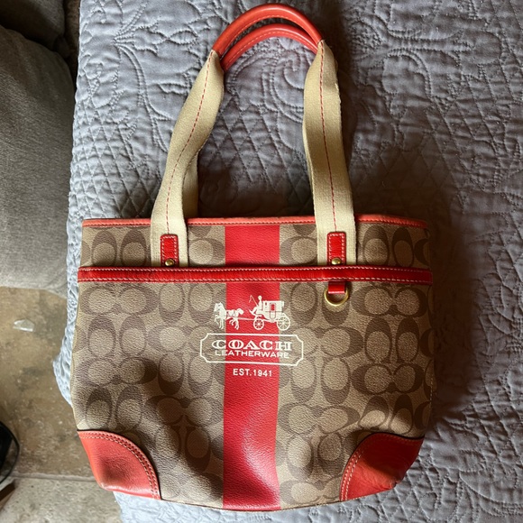 Coach Signature Monogram Orange and Tan Patent Leather Tote Shoulder Bag Y2K - Picture 11 of 13